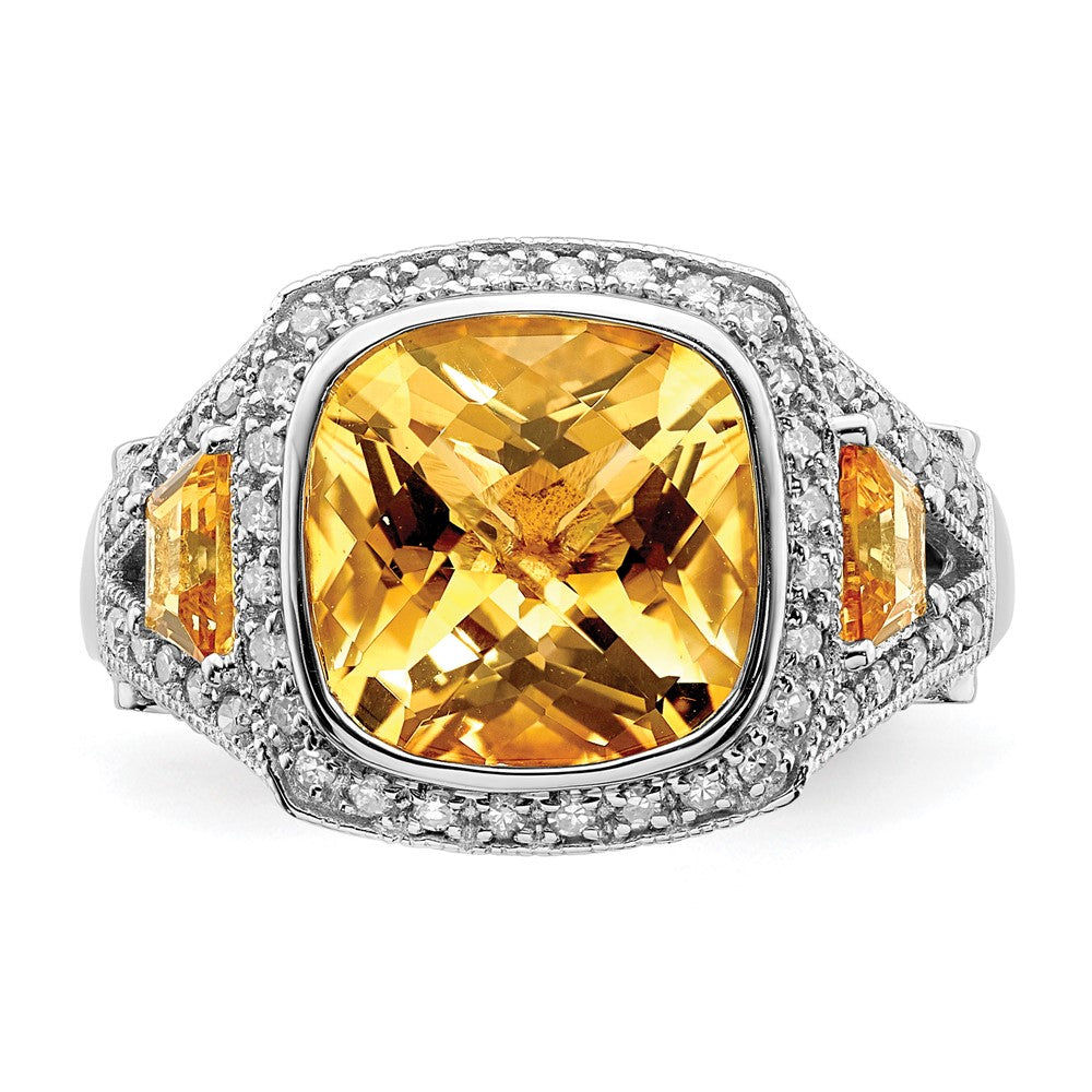 Sterling Silver Rhodium Diamond and Citrine Ring