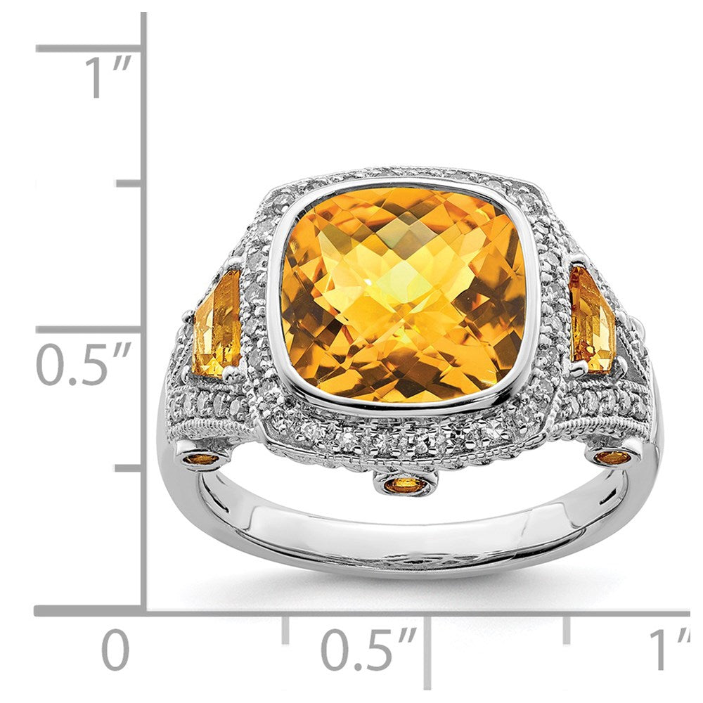 Sterling Silver Rhodium Diamond and Citrine Ring