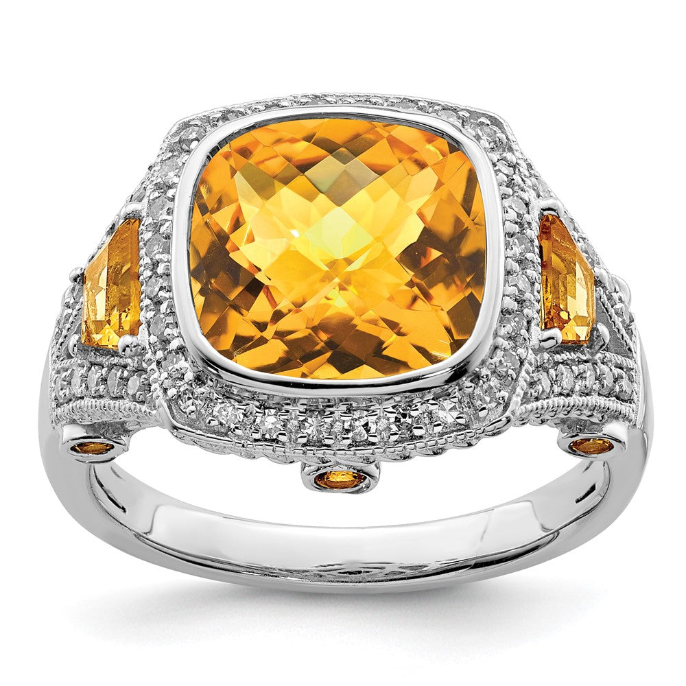 Sterling Silver Rhodium Diamond and Citrine Ring