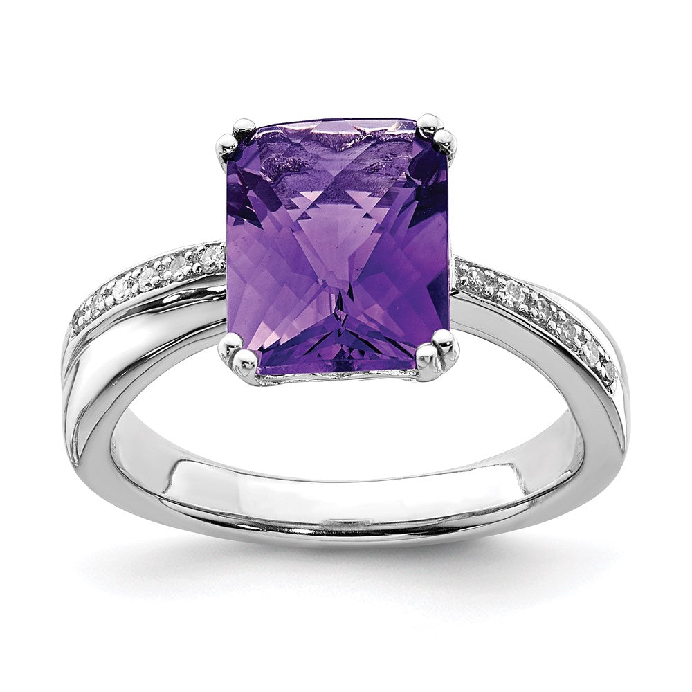 Sterling Silver Rhodium-plated Diamond and Amethyst Ring