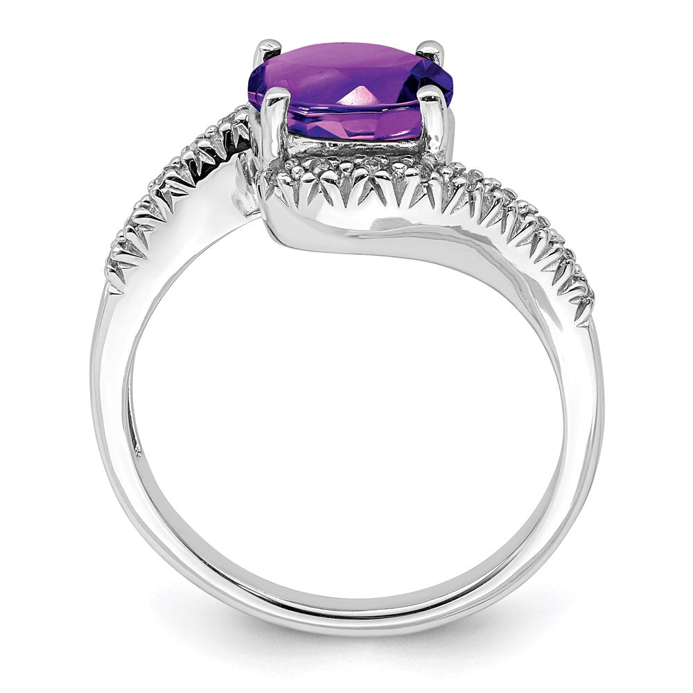 Sterling Silver Rhodium Plated Diamond and Amethyst Oval Ring