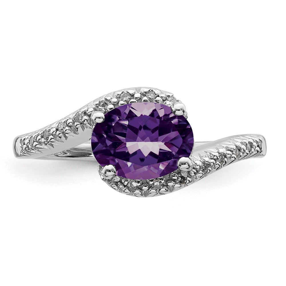 Sterling Silver Rhodium Plated Diamond and Amethyst Oval Ring