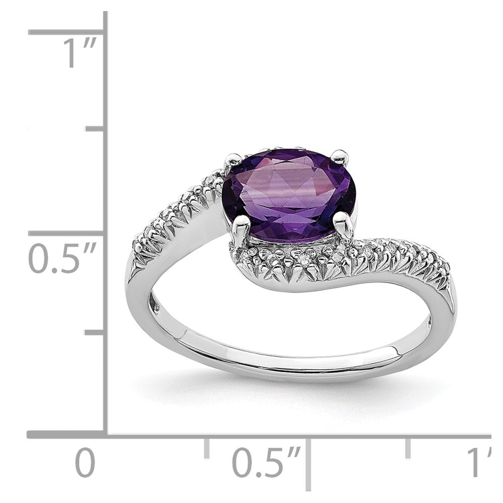 Sterling Silver Rhodium Plated Diamond and Amethyst Oval Ring