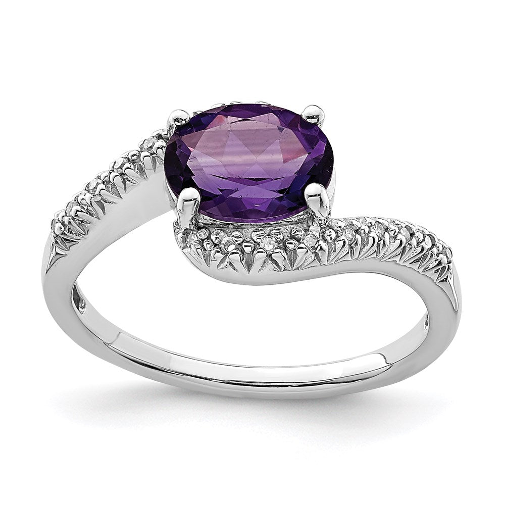 Sterling Silver Rhodium Plated Diamond and Amethyst Oval Ring