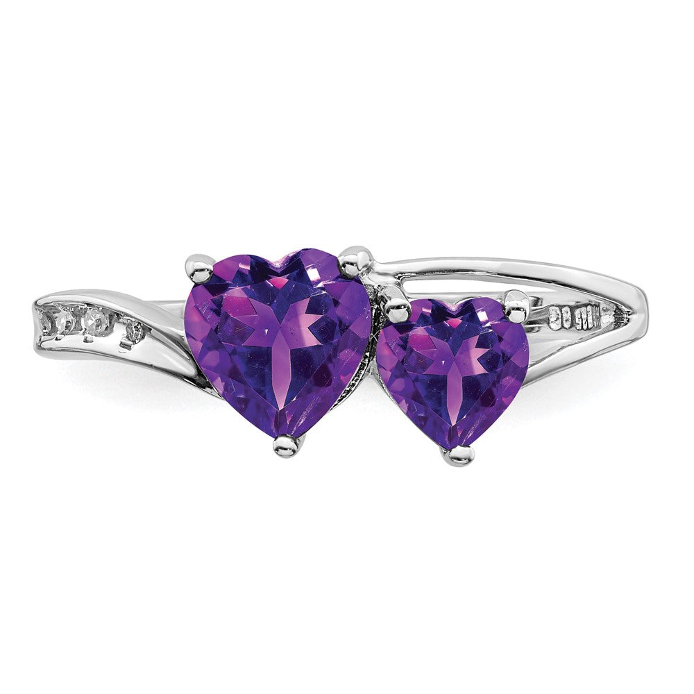 Sterling Silver Rhodium Plated Diamond and Amethyst Heart Ring