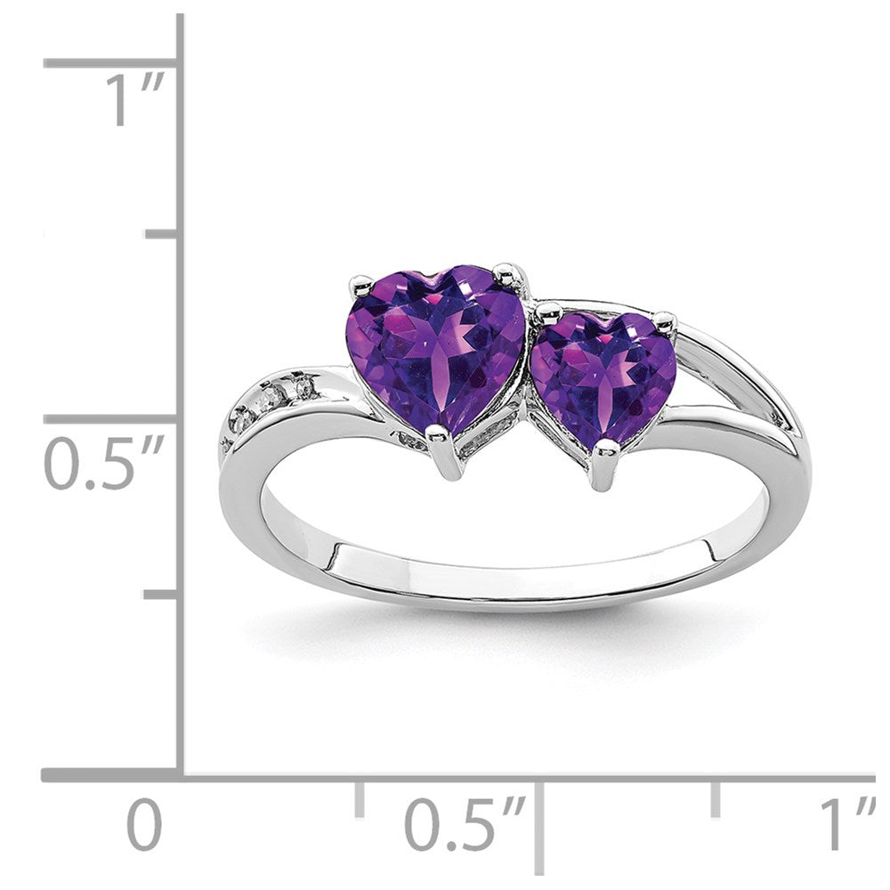 Sterling Silver Rhodium Plated Diamond and Amethyst Heart Ring