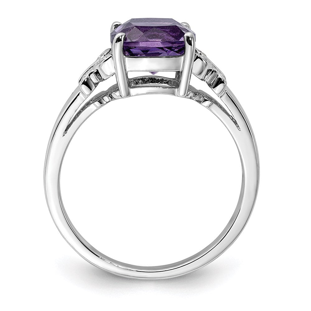 Sterling Silver Rhodium Plated Diamond and Amethyst Square Ring