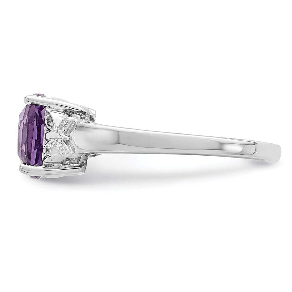 Sterling Silver Rhodium Plated Diamond and Amethyst Square Ring