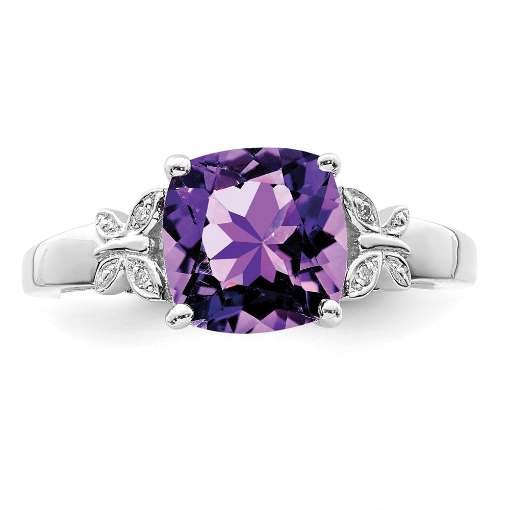 Sterling Silver Rhodium Plated Diamond and Amethyst Square Ring