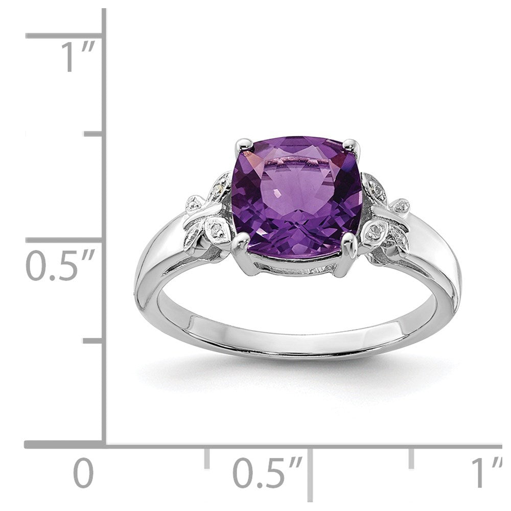 Sterling Silver Rhodium Plated Diamond and Amethyst Square Ring