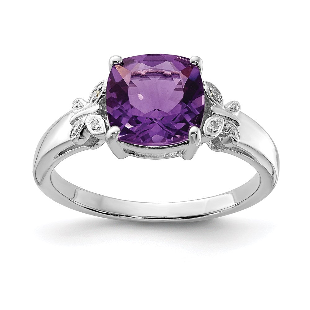 Sterling Silver Rhodium Plated Diamond and Amethyst Square Ring