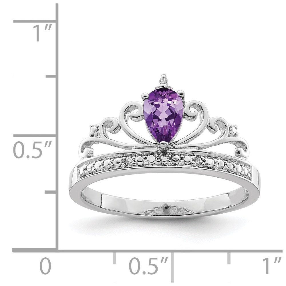 Sterling Silver Rhodium Plated Diamond & Amethyst Teardrop Ring