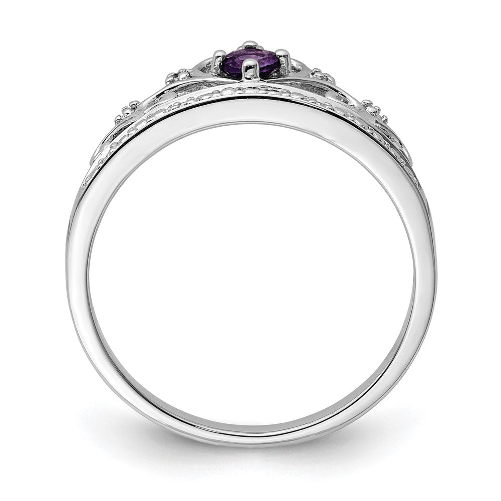 Sterling Silver Rhodium Plated Diamond and Amethyst Ring