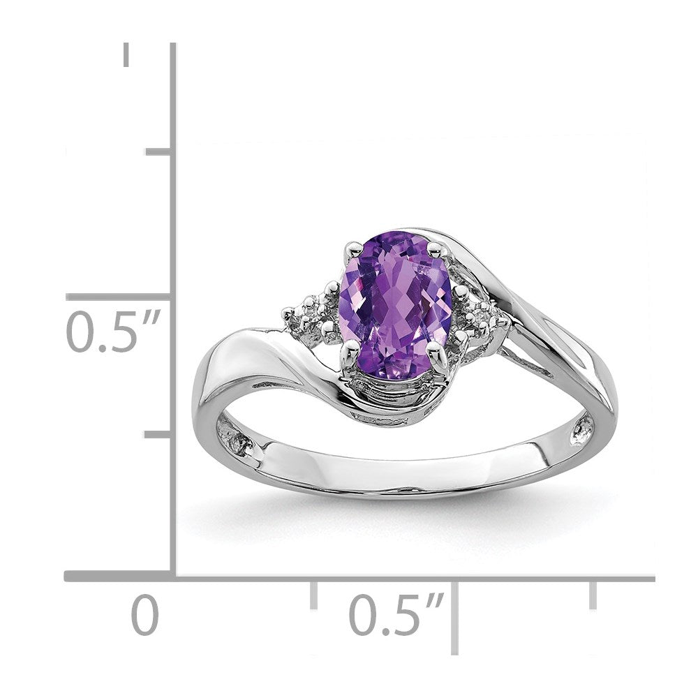 Sterling Silver Rhodium Plated Diamond and Amethyst Oval Ring