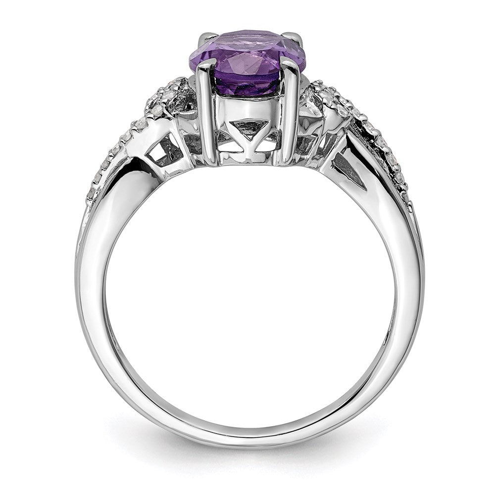 Sterling Silver Rhodium Plated Diamond and Amethyst Oval Ring