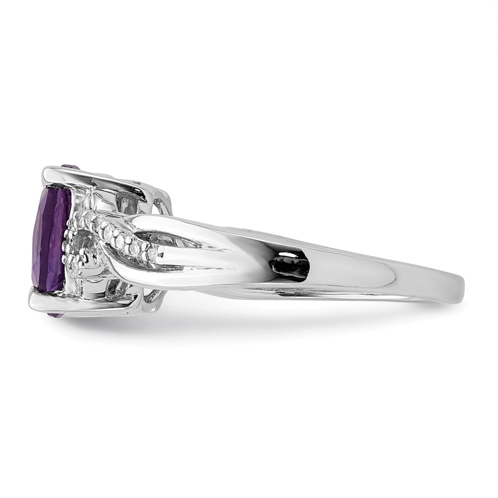 Sterling Silver Rhodium Plated Diamond and Amethyst Oval Ring