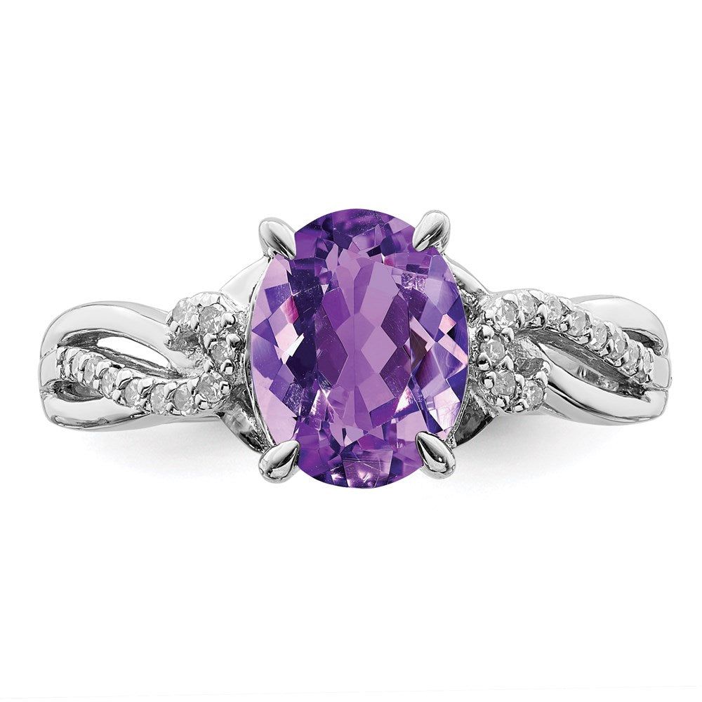 Sterling Silver Rhodium Plated Diamond and Amethyst Oval Ring