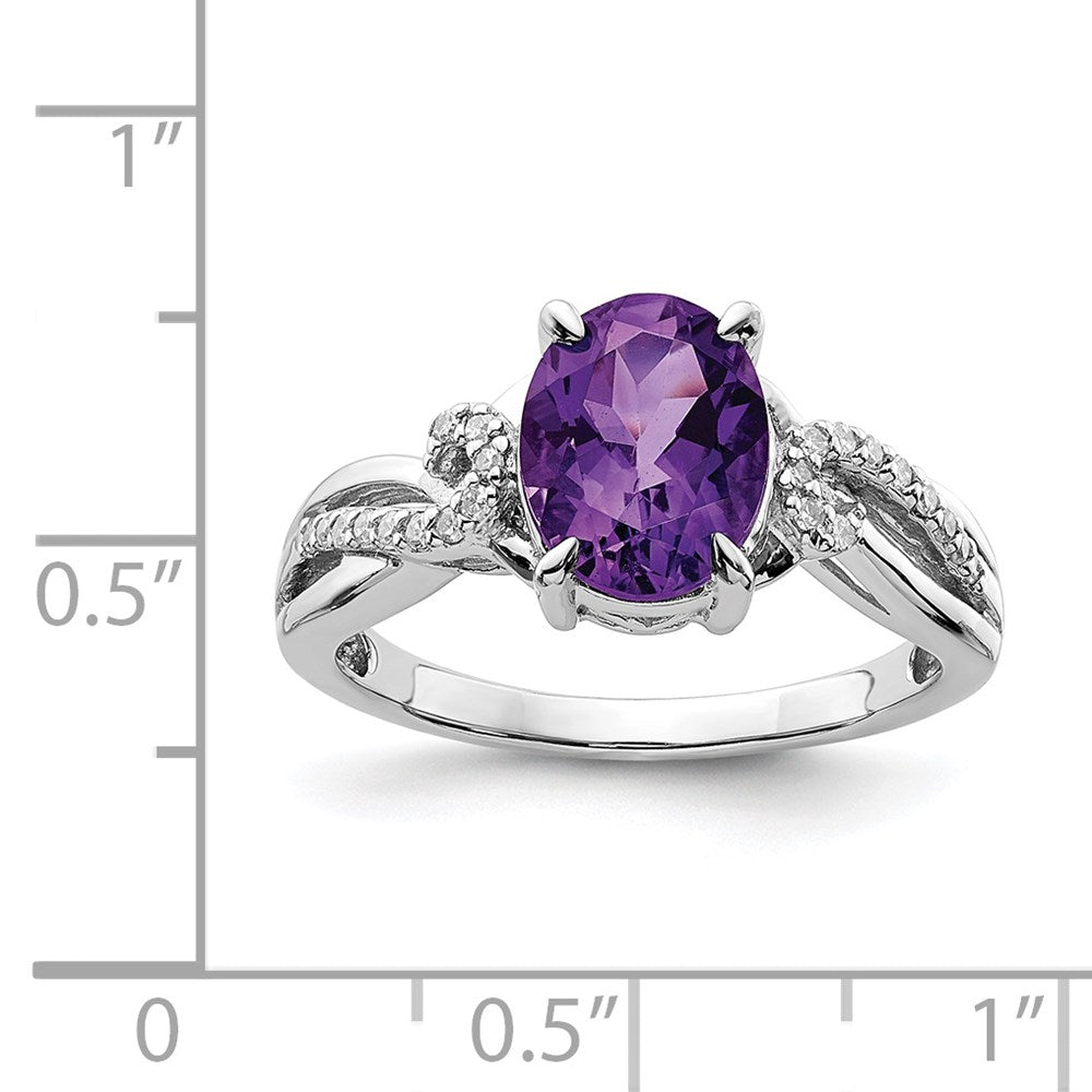 Sterling Silver Rhodium Plated Diamond and Amethyst Oval Ring