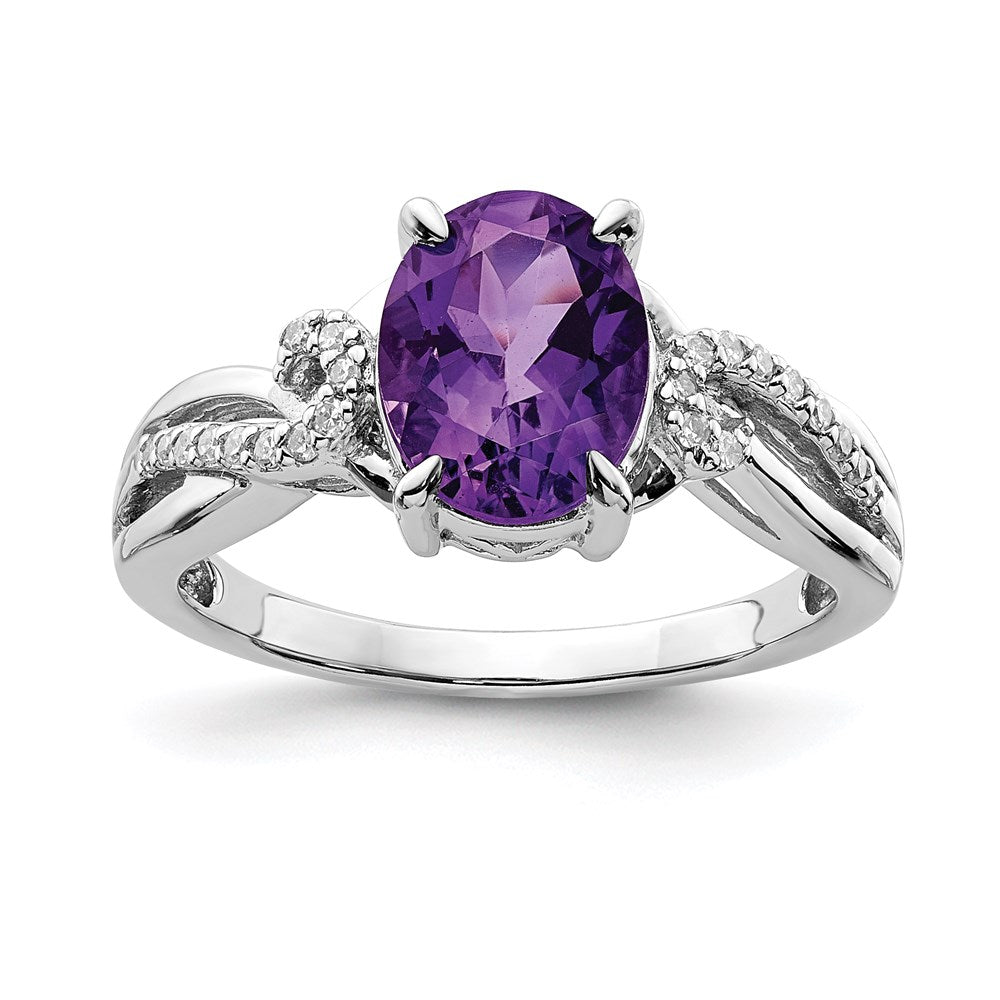 Sterling Silver Rhodium Plated Diamond and Amethyst Oval Ring