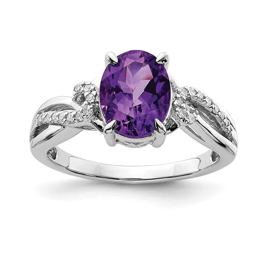 Sterling Silver Rhodium Plated Diamond and Amethyst Oval Ring