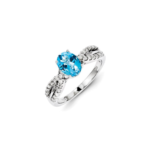 Sterling Silver Rhodium Plated Dia. Light Swiss Blue Topaz Oval Ring