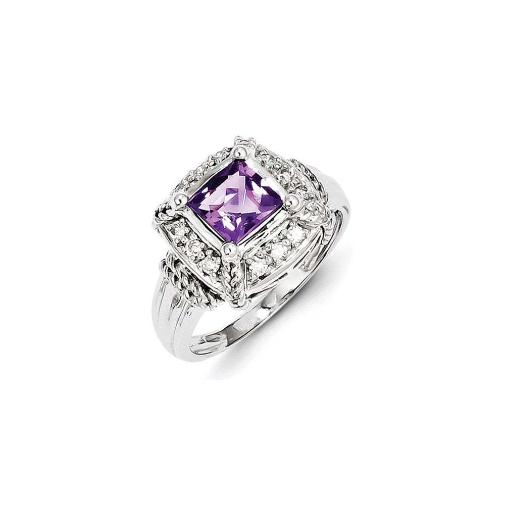 Sterling Silver Diamond and Amethyst Square Ring