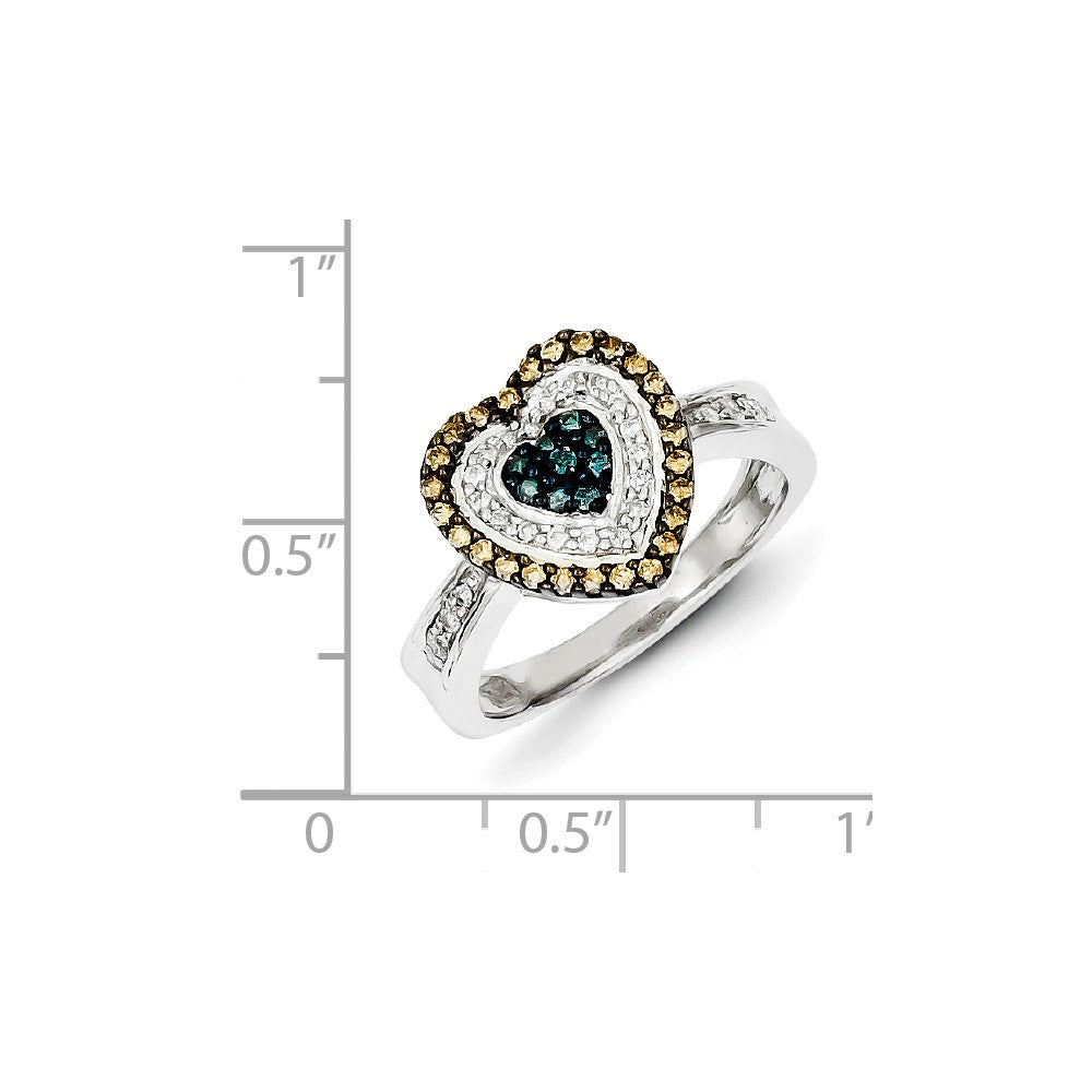 Sterling Silver White, Champagne & Blue Diamond Heart Ring