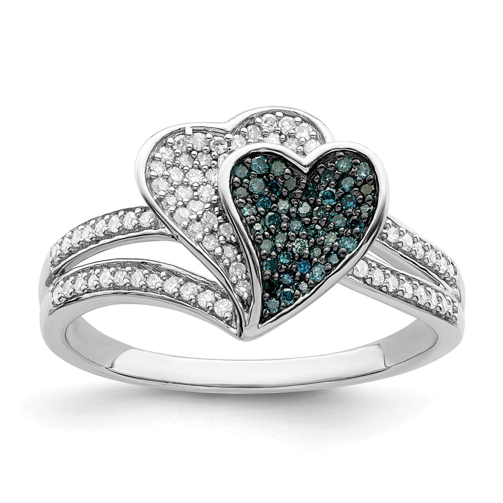 White Night Sterling Silver Rhodium-plated Blue and White Diamond Hearts Ring