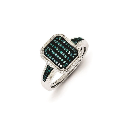 Sterling Silver with White/Blue Diamonds Rectangle Ring