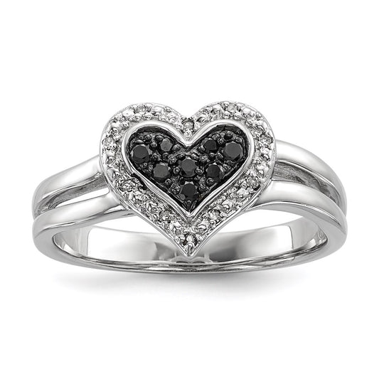 Sterling Silver White & Black Diamond Heart Ring