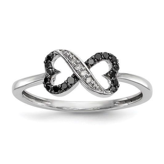 White Night Sterling Silver Rhodium-plated Black and White Diamond Double Heart Infinity Ring