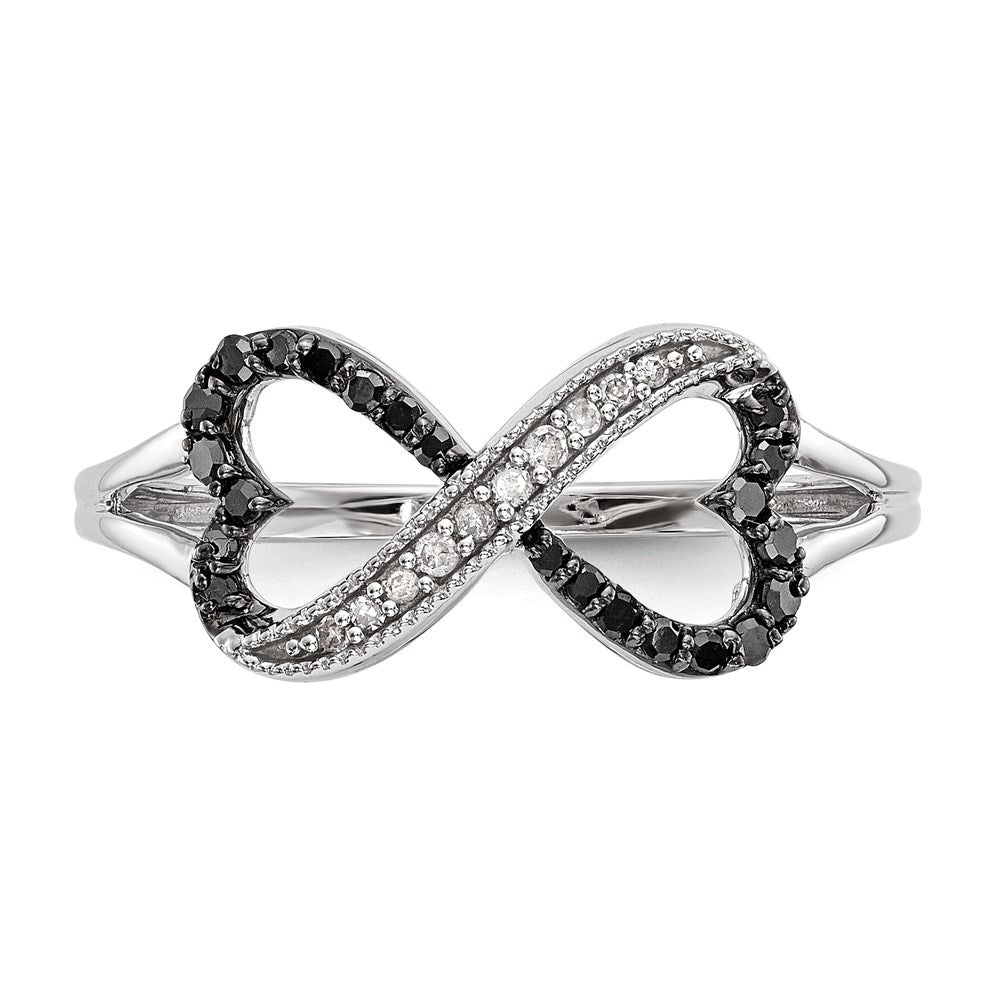 White Night Sterling Silver Rhodium-plated Black and White Diamond Double Heart Infinity Ring