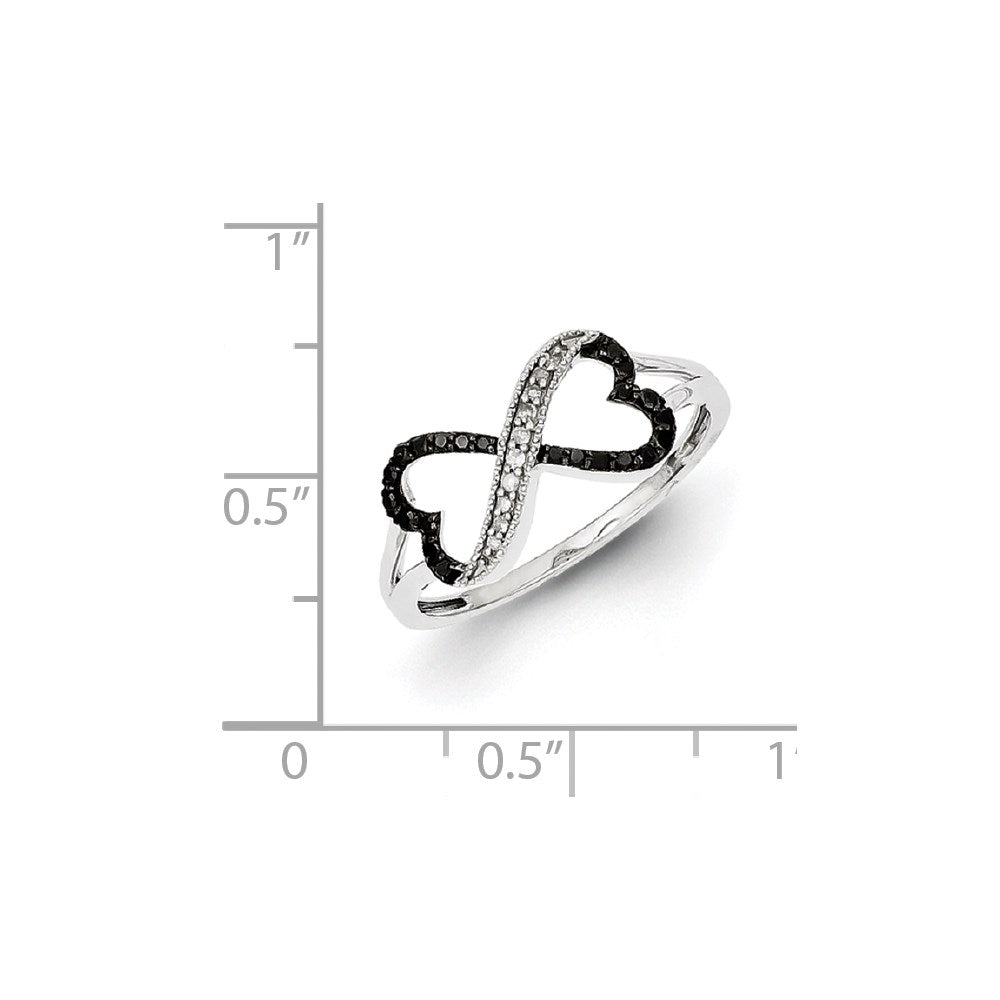 White Night Sterling Silver Rhodium-plated Black and White Diamond Double Heart Infinity Ring