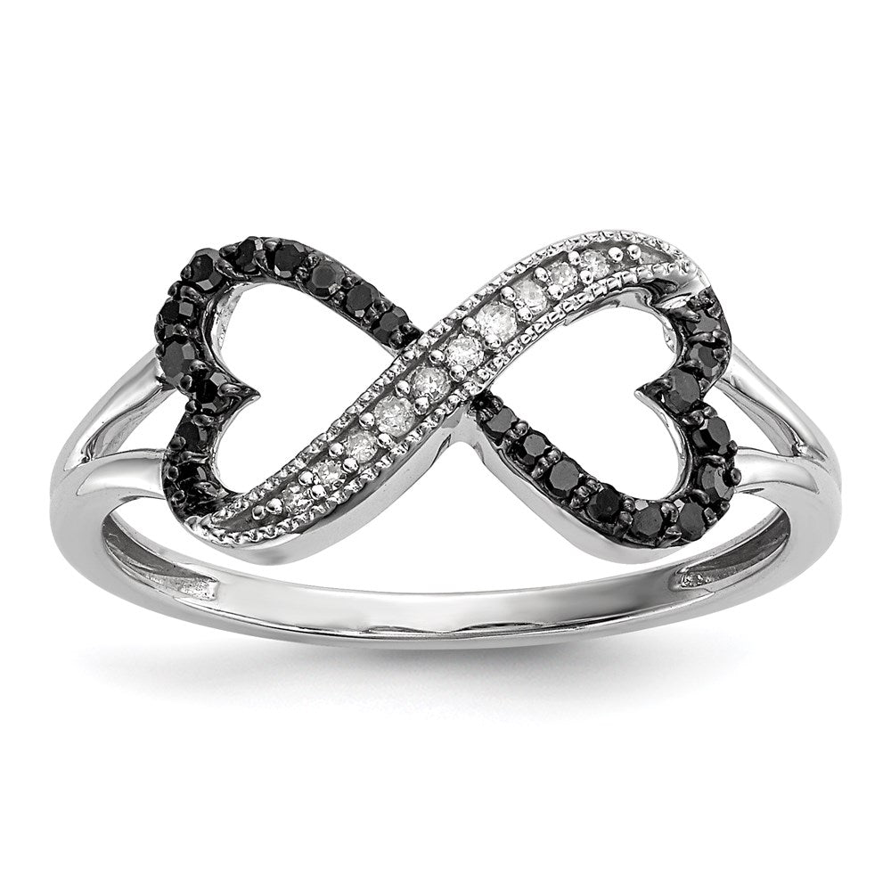 White Night Sterling Silver Rhodium-plated Black and White Diamond Double Heart Infinity Ring