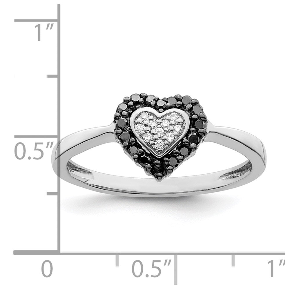 White Night Sterling Silver Rhodium-plated Black and White Diamond Heart Ring