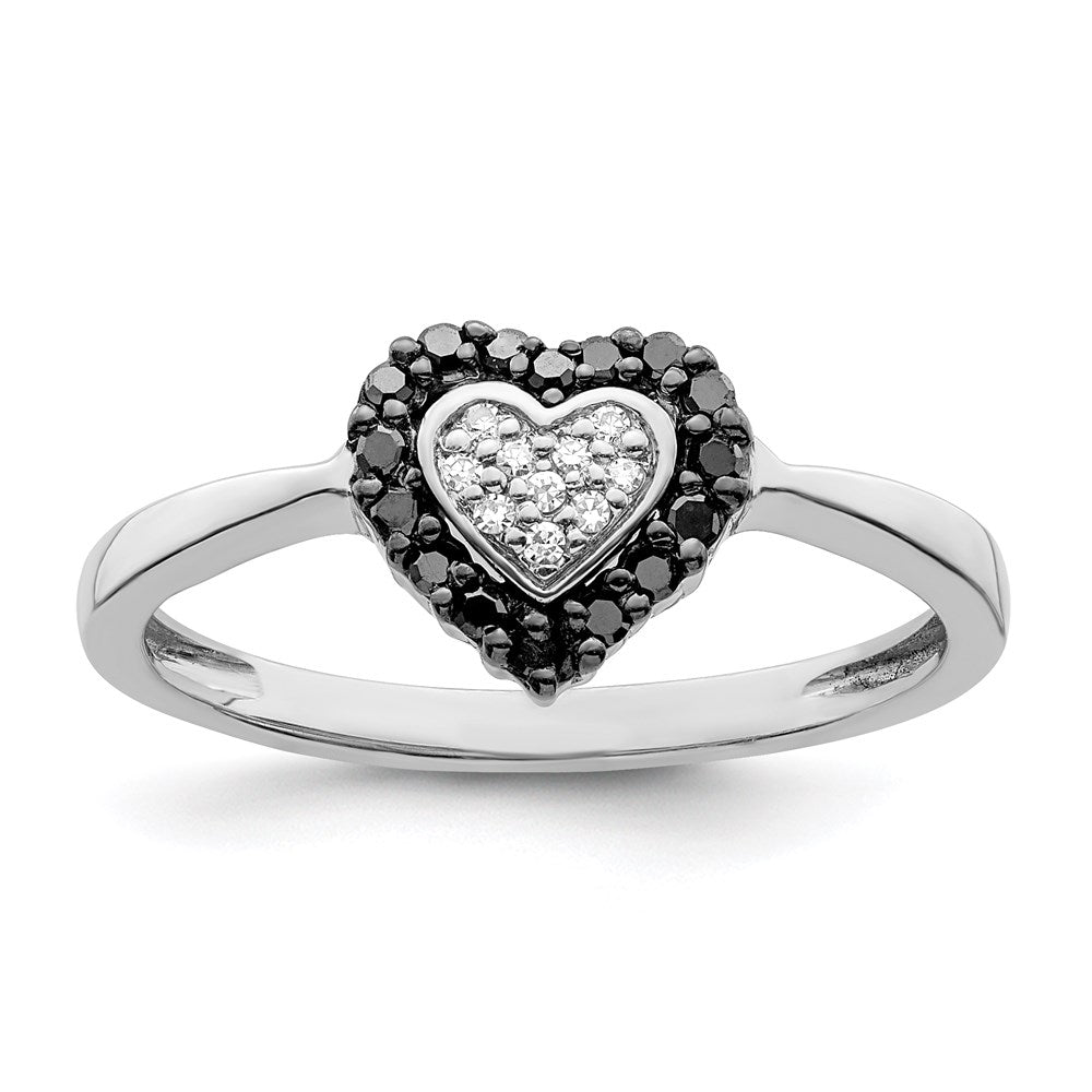 White Night Sterling Silver Rhodium-plated Black and White Diamond Heart Ring