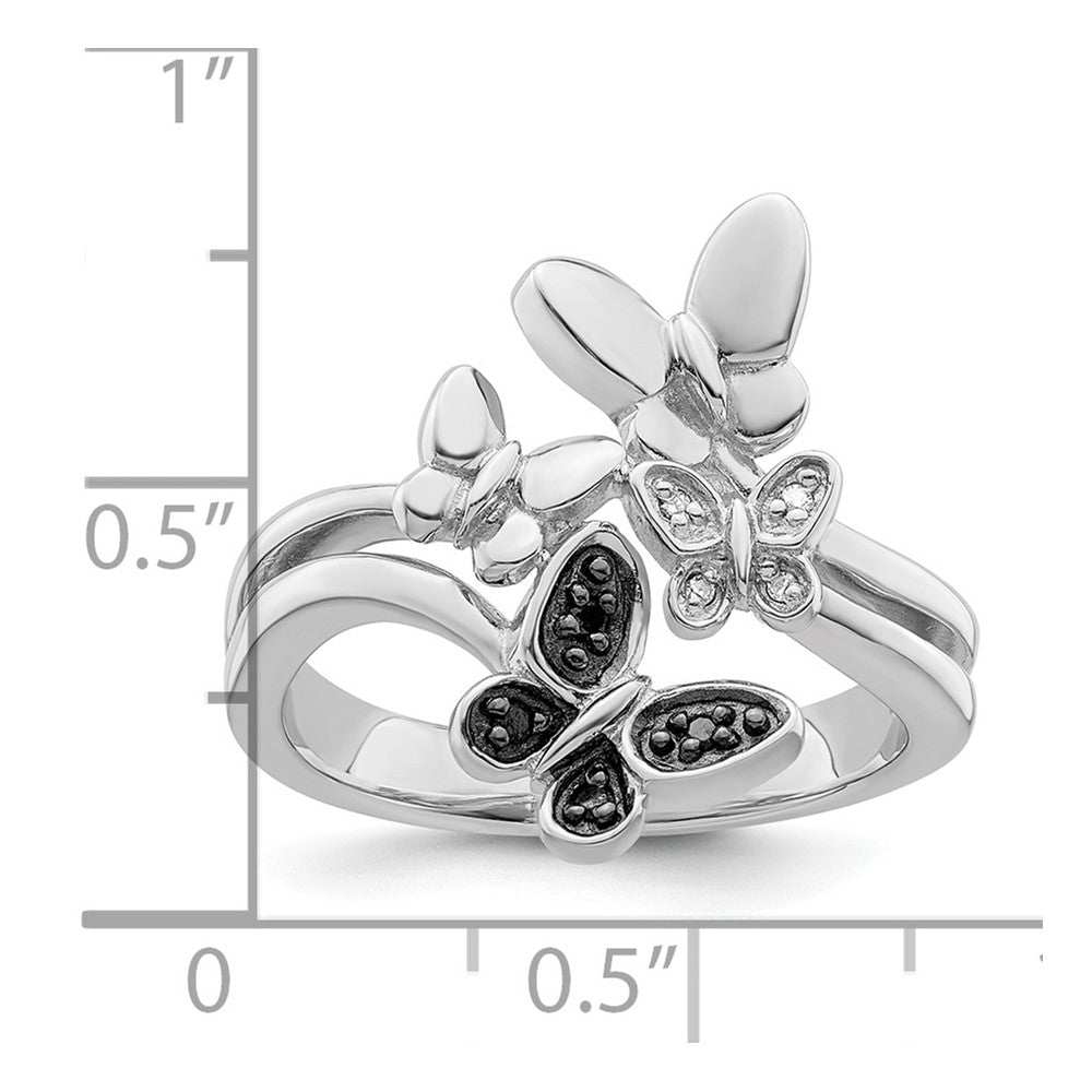 White Night Sterling Silver Rhodium-plated White and Black Diamond Butterfly Ring