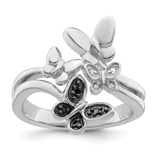 White Night Sterling Silver Rhodium-plated White and Black Diamond Butterfly Ring