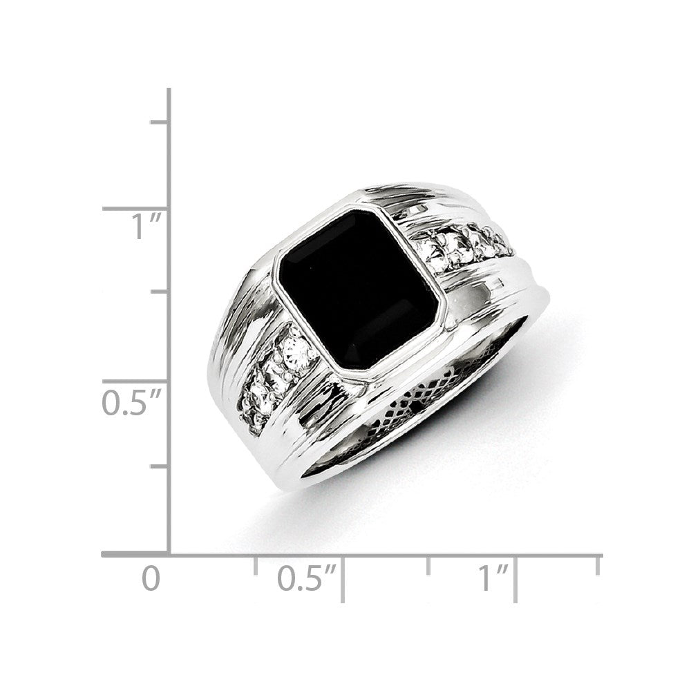 Sterling Silver White Sapphire & Onyx Square Men's Ring