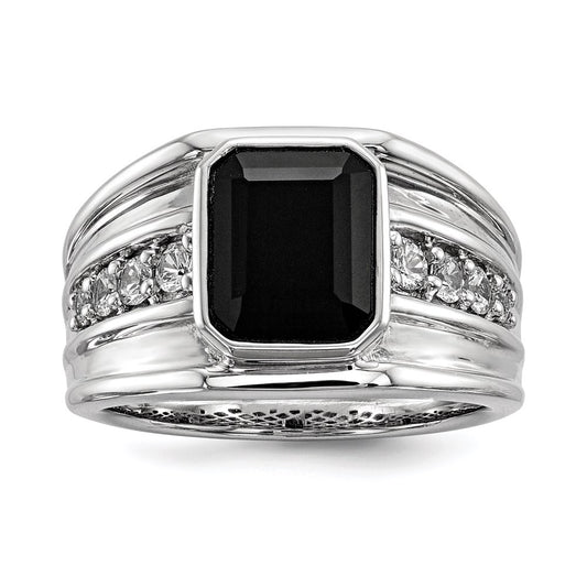 Sterling Silver White Sapphire & Onyx Square Men's Ring