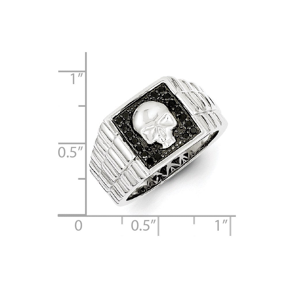 White Night Sterling Silver Rhodium-plated Black Diamond Square Skull Men's Ring