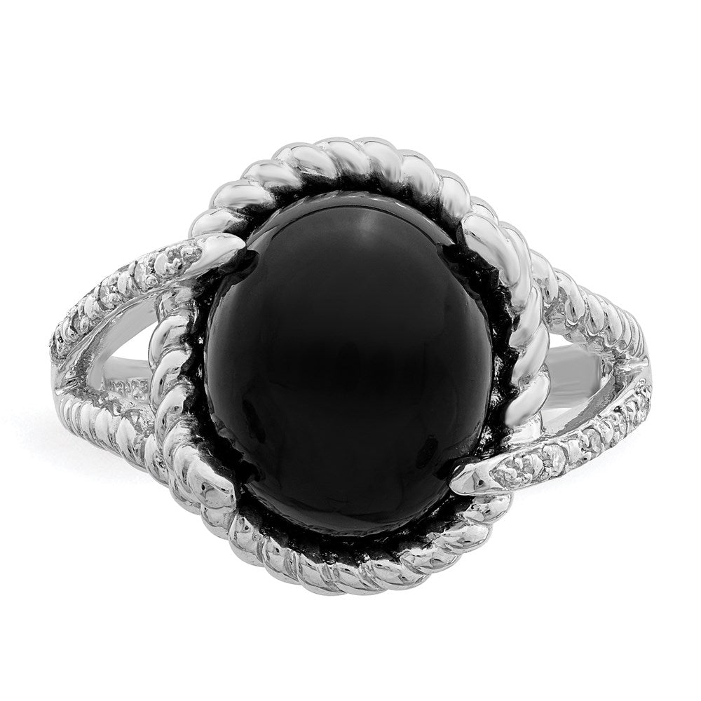 Sterling Silver Rhodium-plated Onyx and Diamond Ring