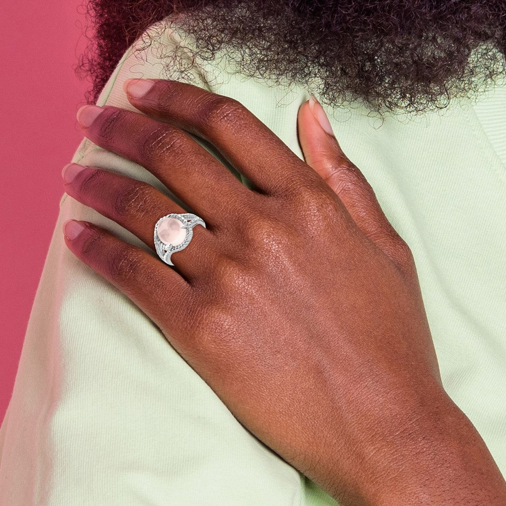 Sterling Silver Rhodium-plated Rose Quartz and Diamond Ring