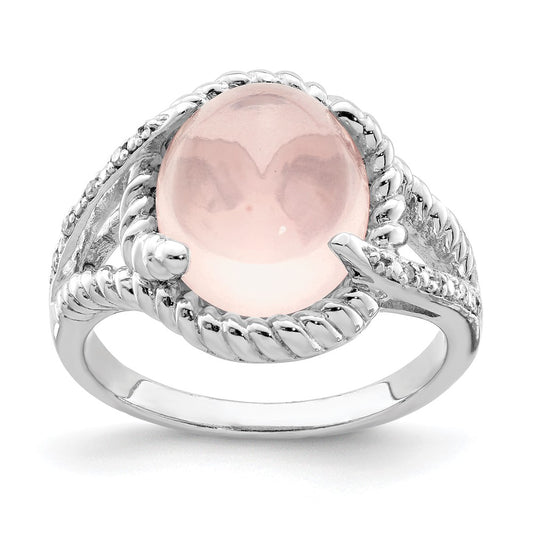 Sterling Silver Rhodium-plated Rose Quartz and Diamond Ring