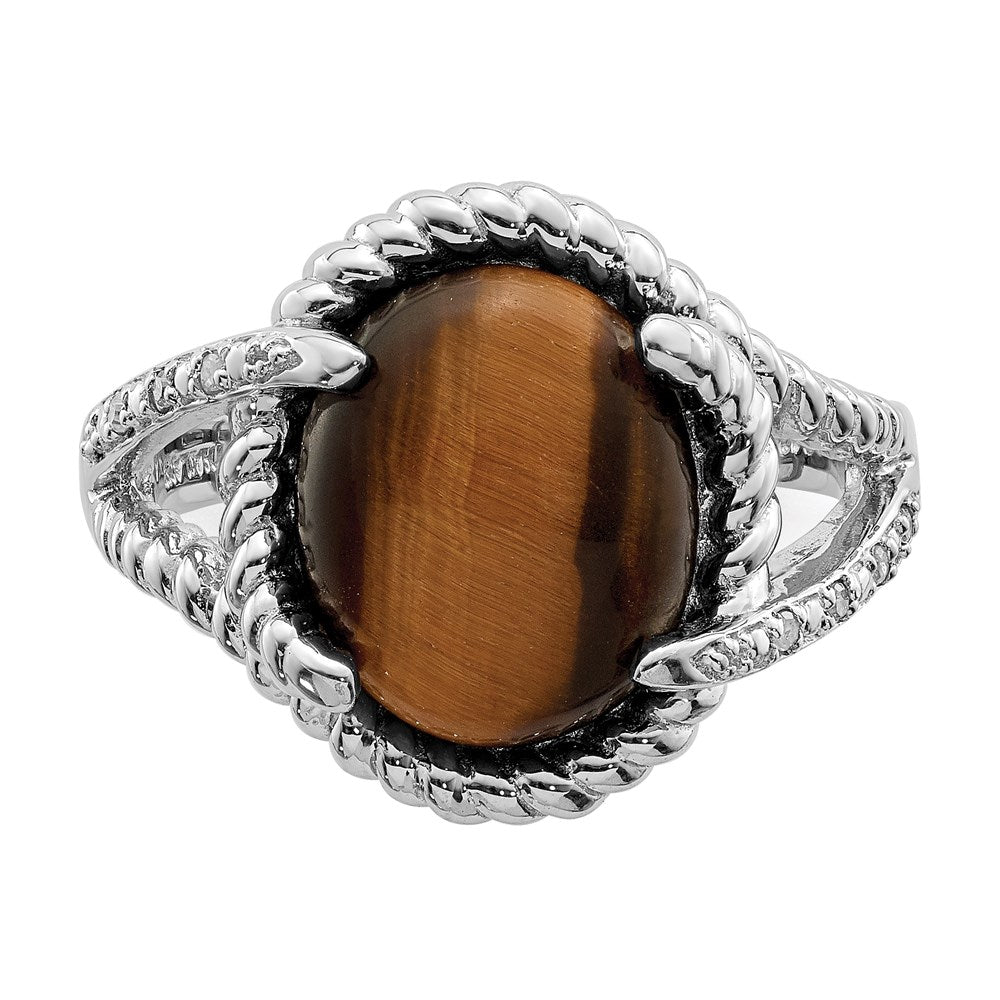 Sterling Silver Rhodium-plated Tigers Eye Quartz and Diamond Ring