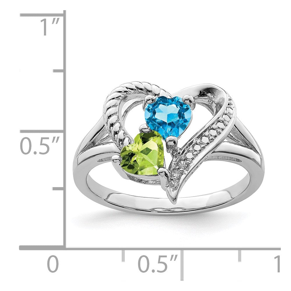 Sterling Silver Rhodium Blue Topaz Peridot Diamond Ring