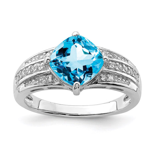 Sterling Silver Rhodium CZ and Blue Topaz Ring