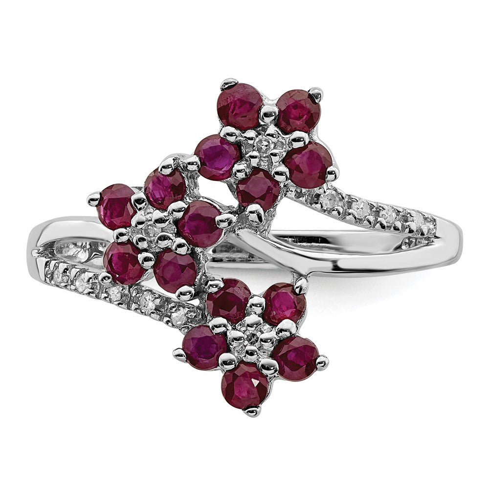 Sterling Silver Rhodium-plated 3 Flower Ruby and Diamond Ring