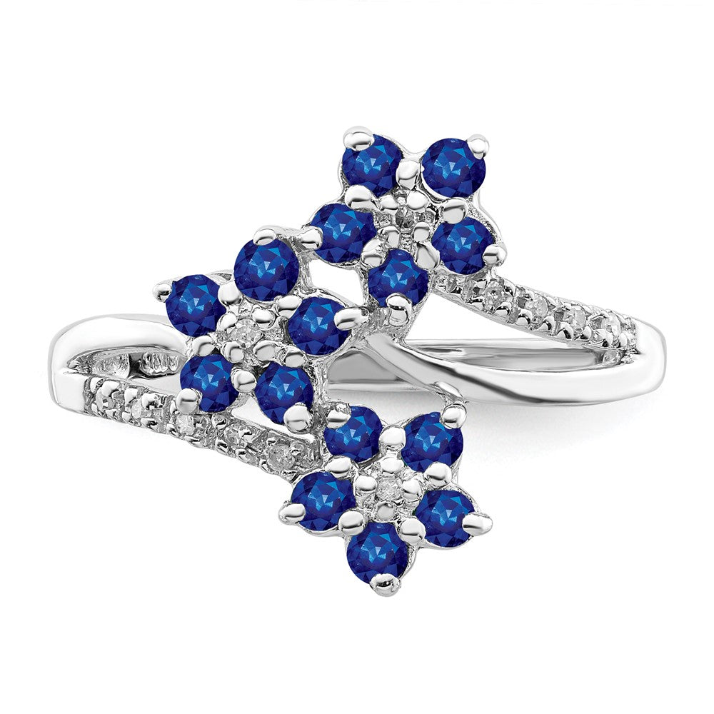 Sterling Silver Rhodium-plated 3 Flower Sapphire and Diamond Ring