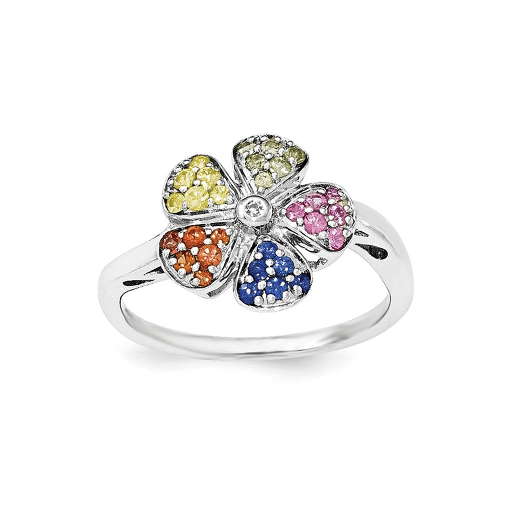 Sterling Silver Polished Multi Sapphire & Diamond Flower Ring